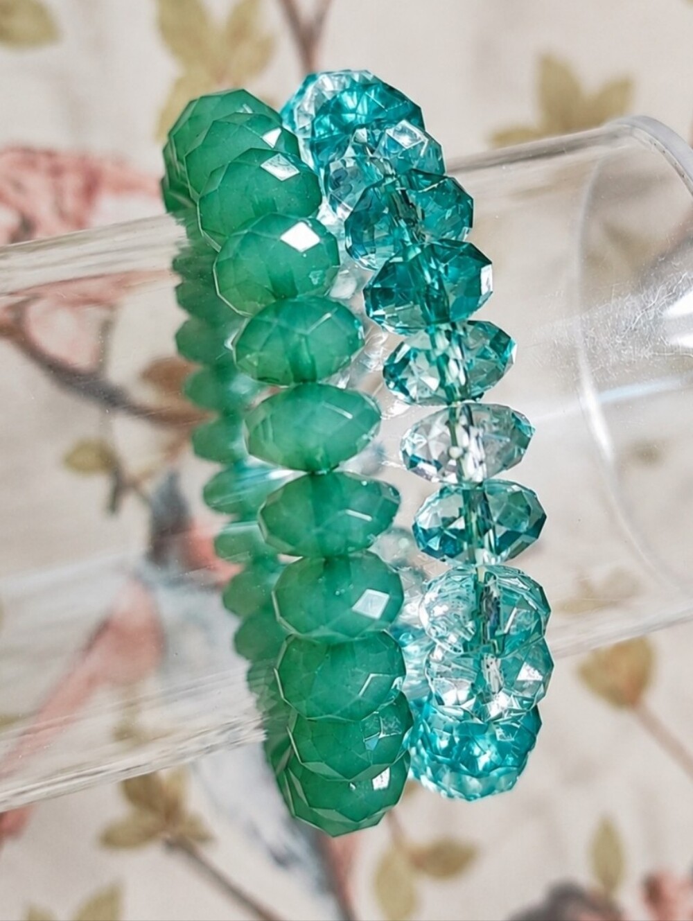 Pair of Teal Transparent Jadeite Opaque Plastic Faceted Lucite Stretch Bracelets